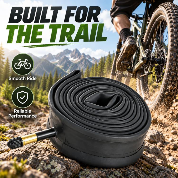 Rolled black mountain bike inner tube with American valve stem