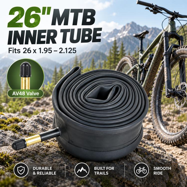 Black 26-inch MTB inner tube with AV48 American valve stem
