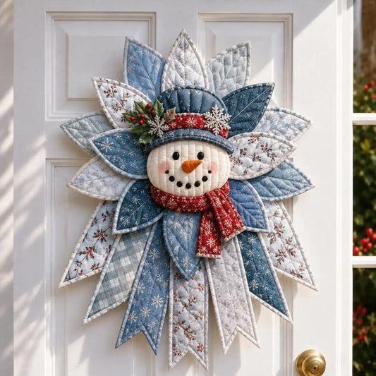 Quilted Christmas door hanging snowman with blue and white layered petal shape
