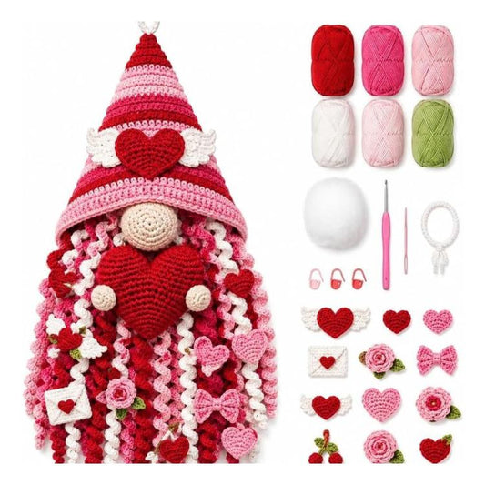 Pink and red crochet gnome door hanger with hanging loop and heart-themed appliques