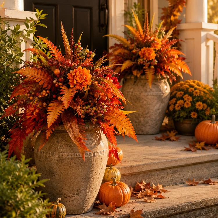 Orange-red fall floral garden stake arrangement in a large pot with orange flower blooms