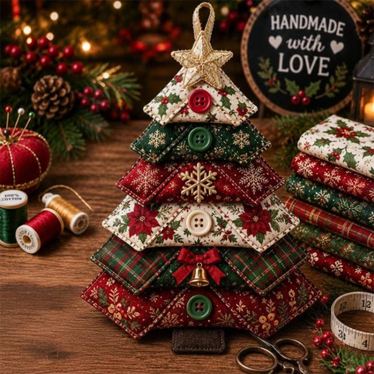 Layered fabric Christmas tree ornament with star top and red green buttons