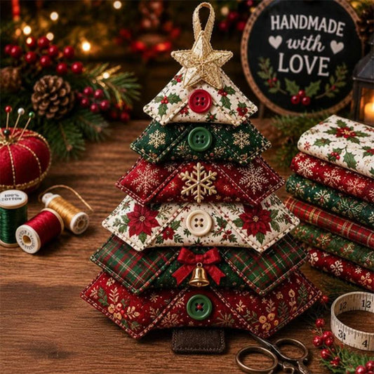 Layered fabric Christmas tree ornament with star top and red green buttons