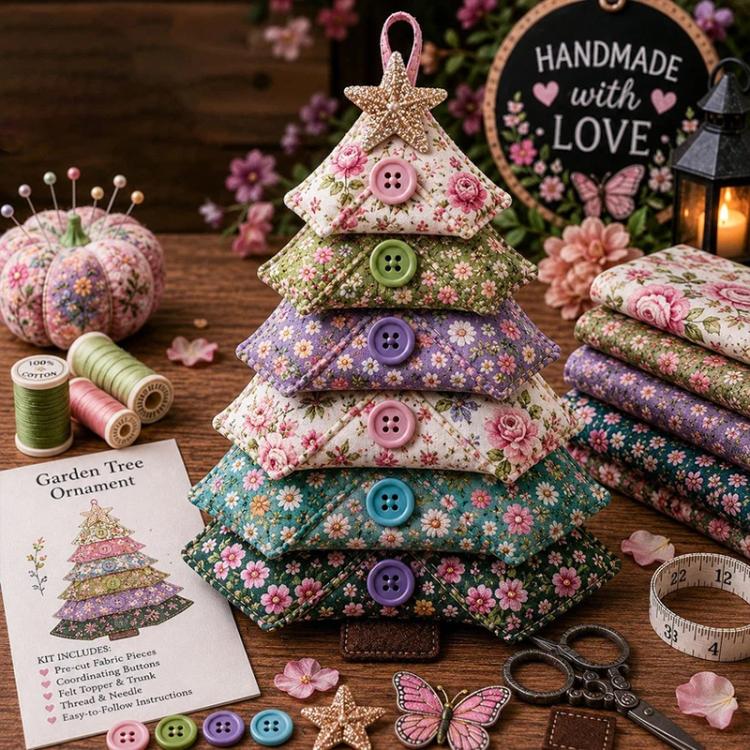 Layered fabric floral tree ornament with pink star top and multi-color buttons