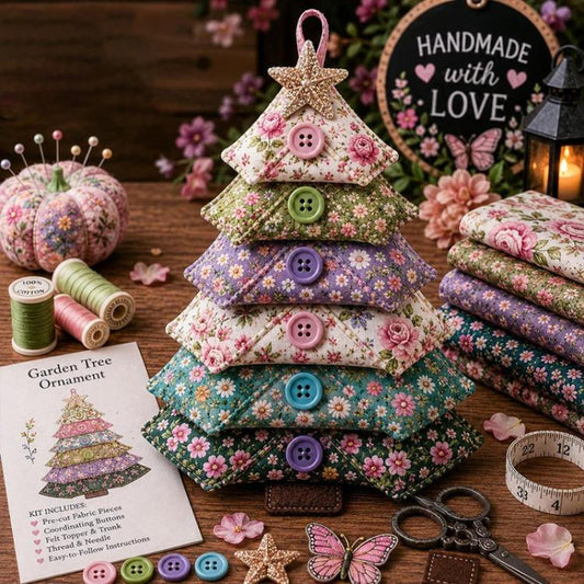 Layered fabric floral tree ornament with pink star top and multi-color buttons