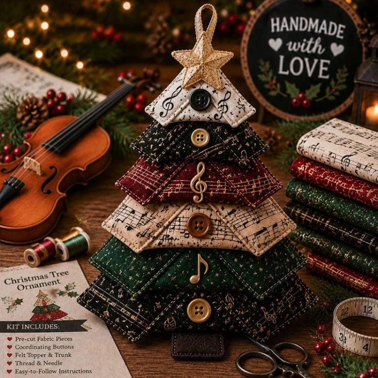 Layered fabric music-themed tree ornament with star topper and brown brass accents