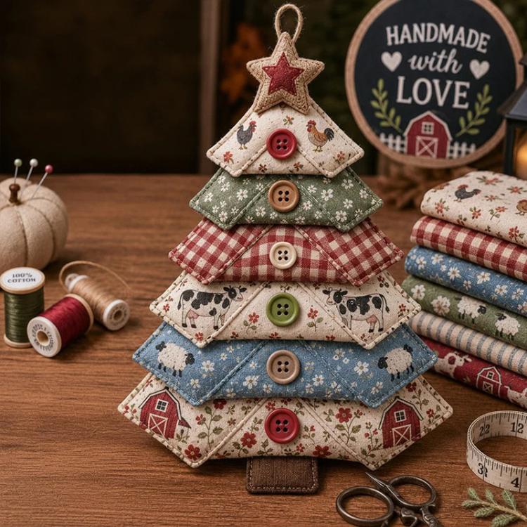 Layered fabric farm-themed tree ornament with star top and animal-print details