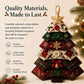 Layered fabric Christmas tree ornament with gold star topper and green red buttons