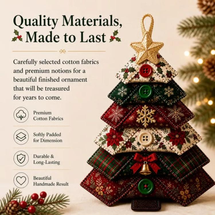Layered fabric Christmas tree ornament with gold star topper and green red buttons