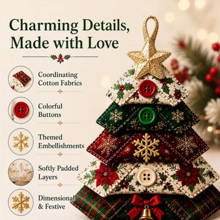 Layered fabric Christmas tree ornament with gold star and colorful button tiers