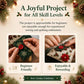 Layered fabric Christmas ornament kit with hands sewing a buttoned fabric tree