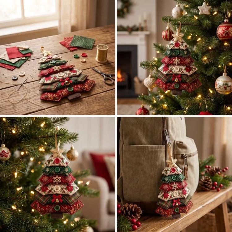 Layered fabric Christmas tree ornament made from fabric layers and buttons on display