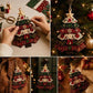 Layered fabric tree ornament with star top and sewn buttons, red and green patchwork