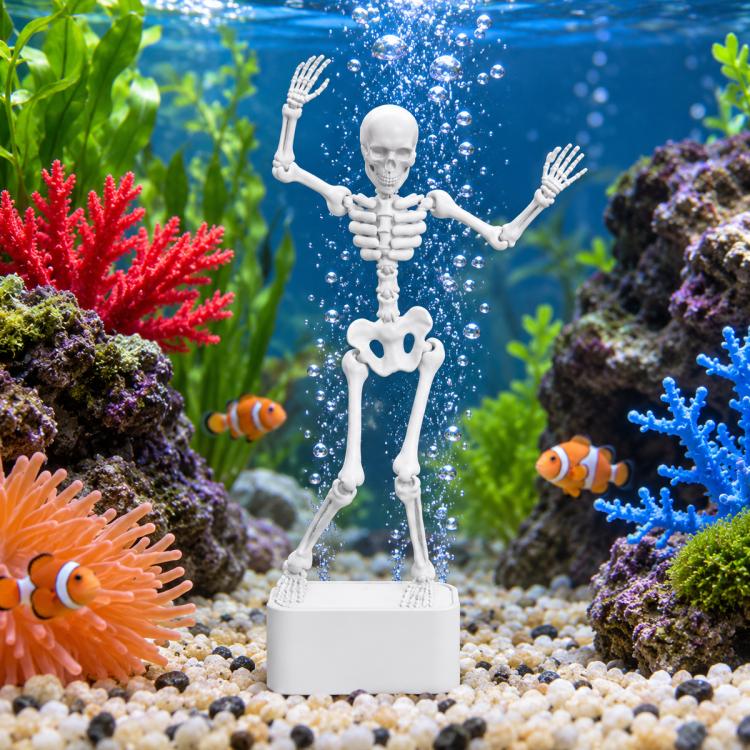 White dancing skeleton aquarium bubbler ornament with bubbles rising from the base.