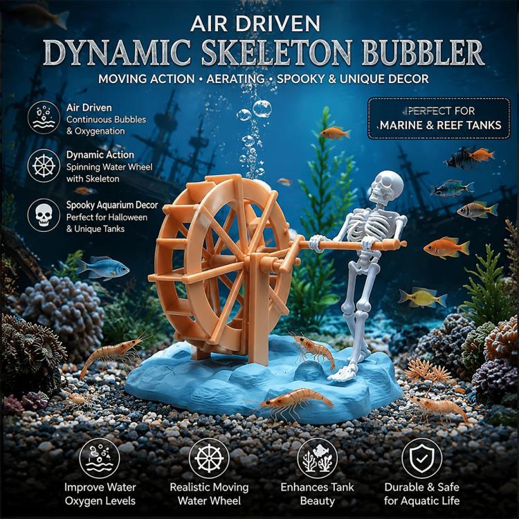 Orange waterwheel skull air-driven aquarium bubbler with white skeleton figure and tubing.