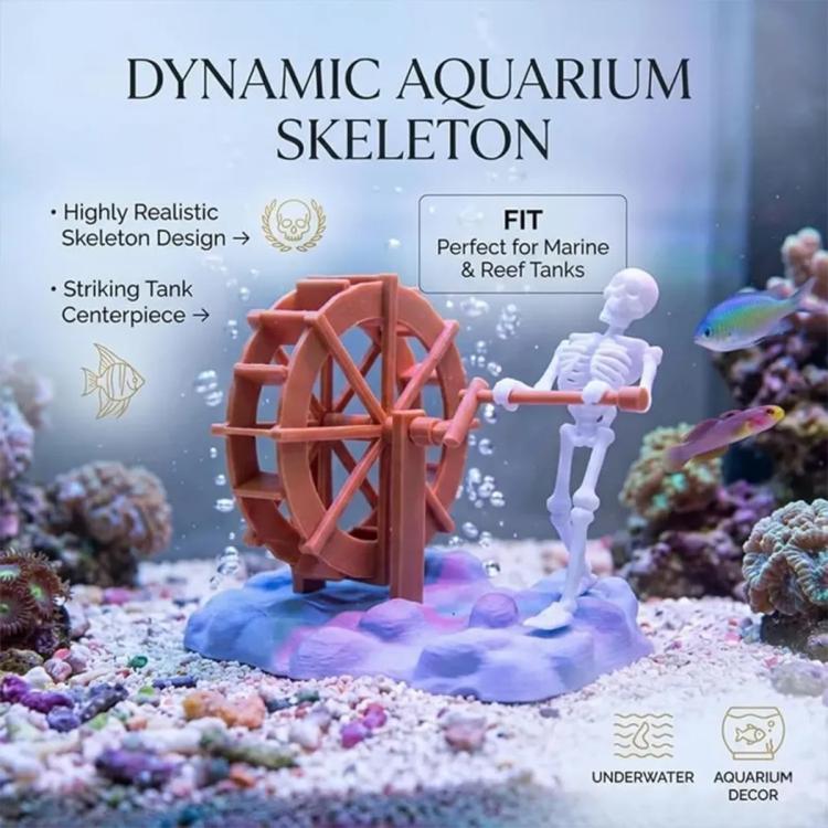 Dynamic aquarium skeleton ornament with orange waterwheel and white figure by bubble-ready hose.