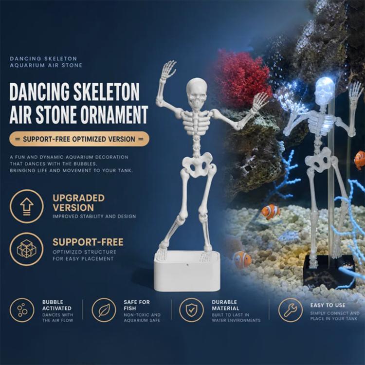 Dancing skeleton air stone ornament with dangling hoses and a white square base.