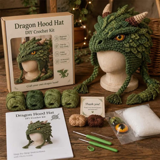 Dragon-themed DIY crochet hood hat kit, green dragon hood with horned spikes, yarn