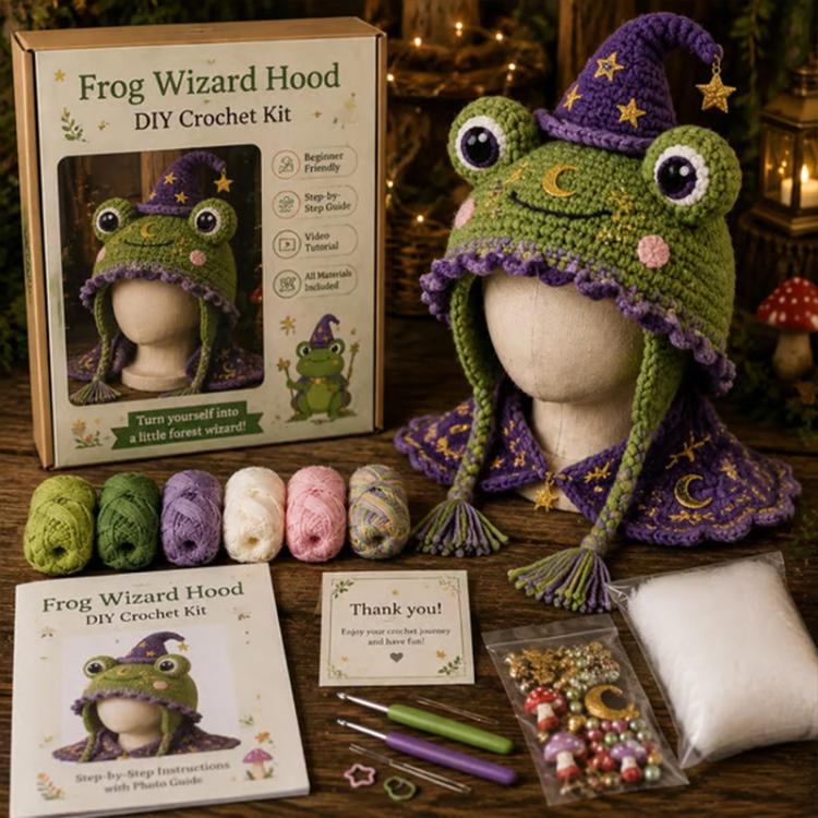 Frog wizard DIY crochet hood hat kit, green frog hood with purple wizard hat and yarn