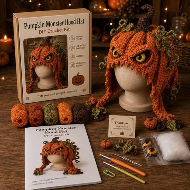 Pumpkin monster DIY crochet hood hat kit, orange monster hood with long ears and yarn