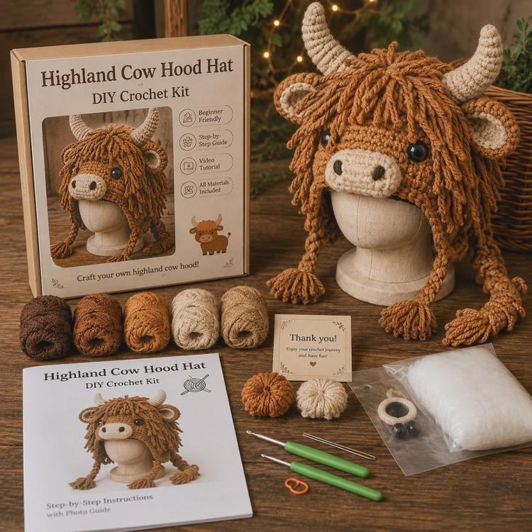 Highland cow DIY crochet hood hat kit, brown cow hood with horned tufts and yarn