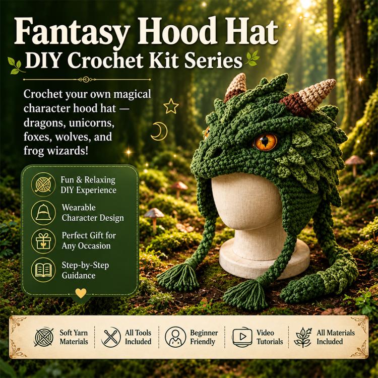 Fantasy dragon hood hat DIY crochet kit, green textured dragon hood with horns