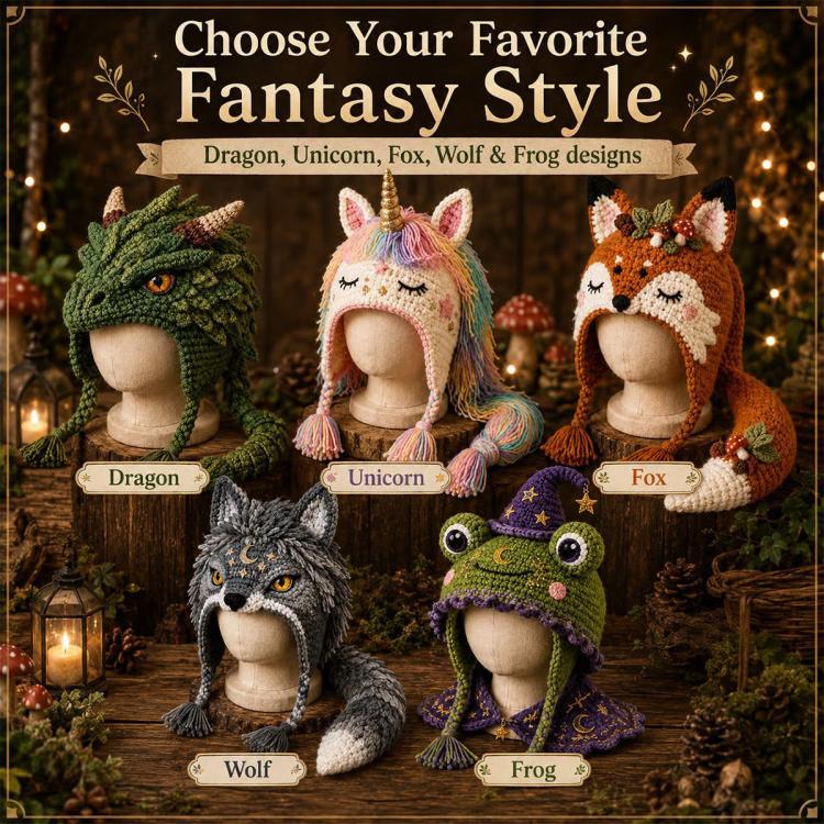 Fantasy hood hat DIY crochet kit set with multiple animal styles: dragon, wolf, fox, frog