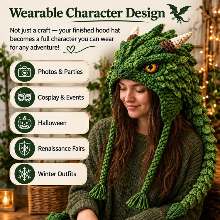 Green crochet character hood hat with orange eye detail and tassel ties