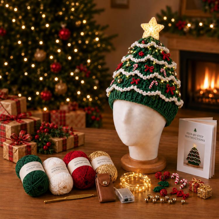 Lighted Christmas tree crochet hat with green knit and glowing star topper