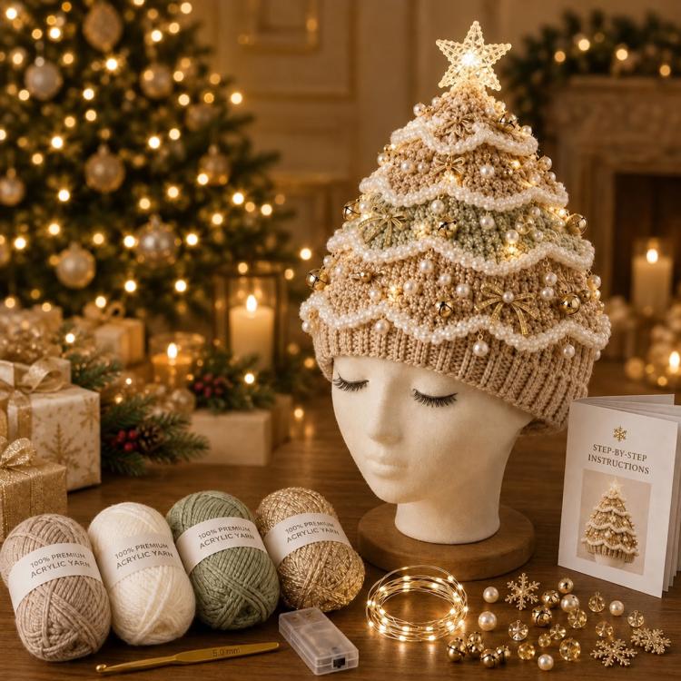 Lighted Christmas tree crochet hat with gold knit and glowing star topper