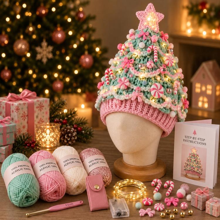 Lighted Christmas tree crochet hat with pink knit and glowing star topper
