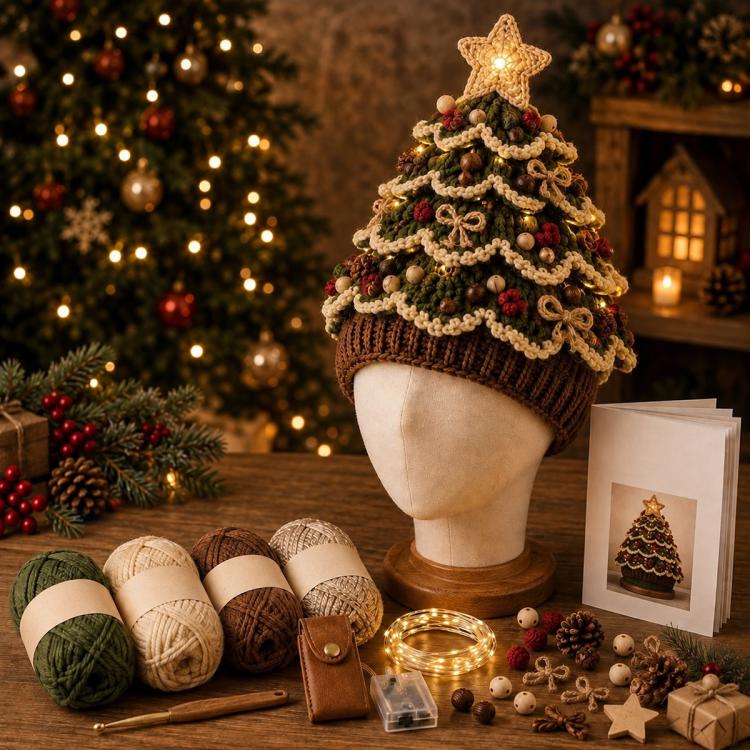 Lighted Christmas tree crochet hat with dark brown knit and glowing star topper