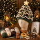 Lighted Christmas tree crochet hat with dark green knit and glowing star topper