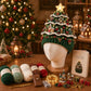 Lighted Christmas village tree crochet hat with green knit and glowing star topper