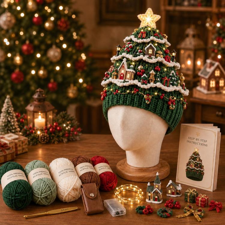Lighted Christmas village tree crochet hat with green knit and glowing star topper
