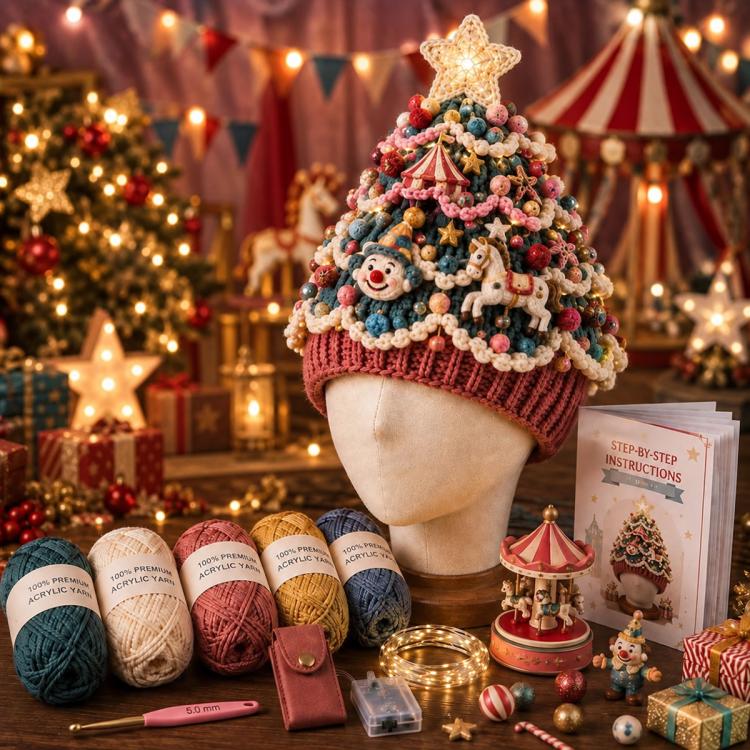 Crochet light-up Christmas tree hat with green knit and glowing gold star topper