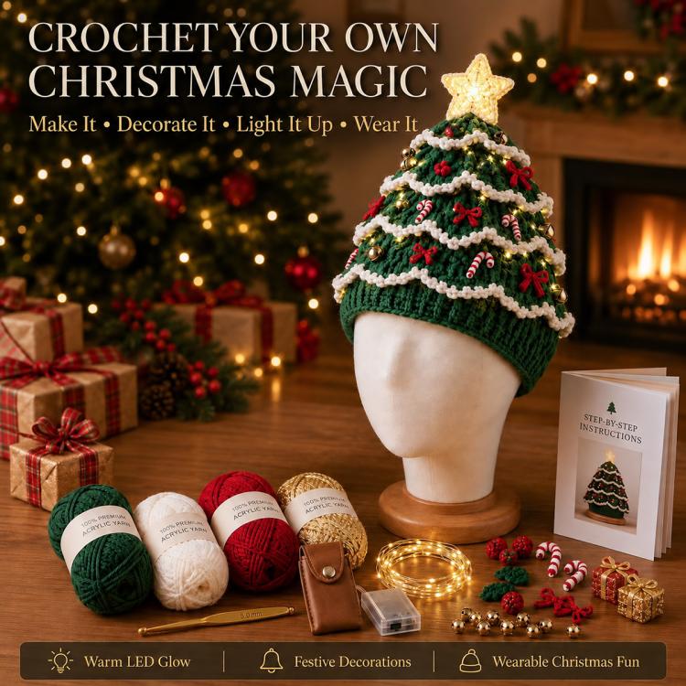 Crochet light-up Christmas tree hat DIY kit with green knit and warm glowing star