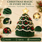 Green ribbed Christmas tree crochet hat with white trim, red bows, and glowing star