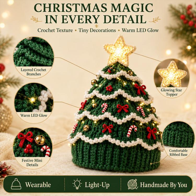 Green ribbed Christmas tree crochet hat with white trim, red bows, and glowing star