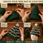 Crochet Christmas tree hat DIY kit showing hands assembling green knit base