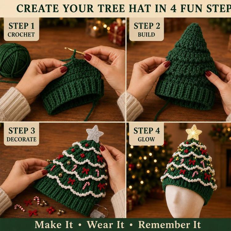 Crochet Christmas tree hat DIY kit showing hands assembling green knit base