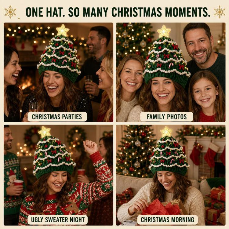 Light-up Christmas tree crochet hat worn by family members at holiday gatherings