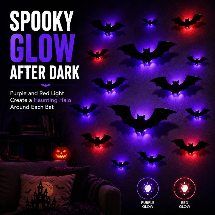 Halloween LED Glowing Bat Wall Decorations Kit, 12 PCS/Pack, 24 PCS/Pack, 36 PCS/Pack, 48 PCS/Pack, 60 PCS/Pack, 1 PC 3D