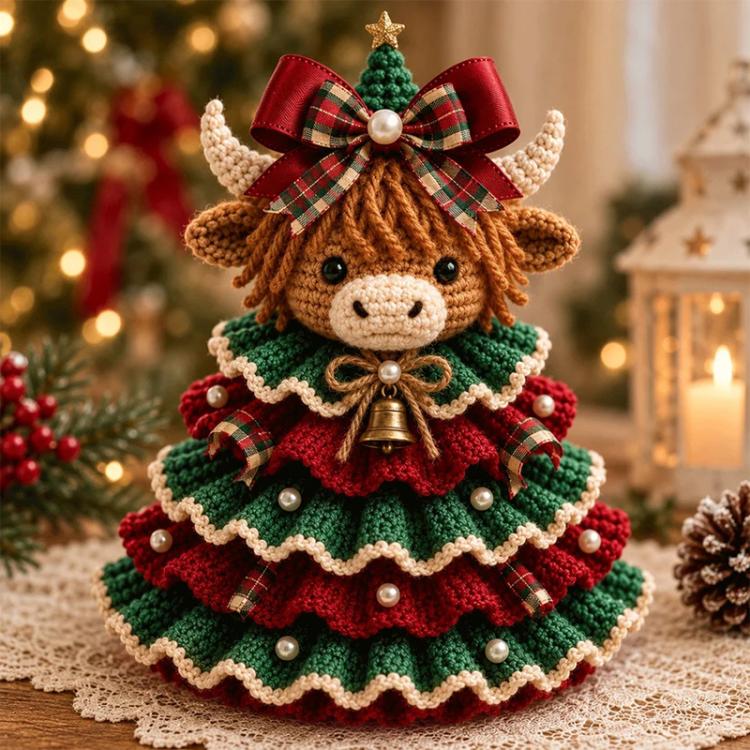 Crochet animal Christmas tree ornament with plaid bow, bell charm, and pearl details