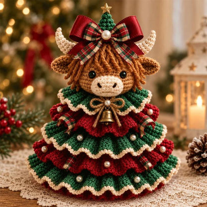 Crochet animal Christmas tree ornament with plaid bow, bell charm, and pearl details