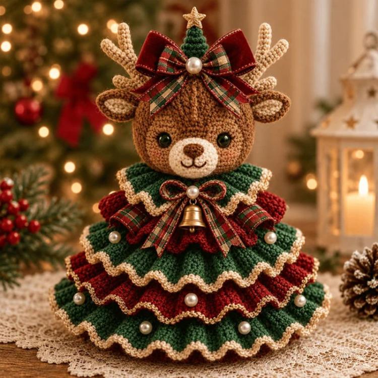 Crochet animal Christmas tree ornament with plaid bow, bell charm, and knit ruffle layers
