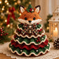 Crochet animal Christmas tree ornament with fox face, plaid bow, and bell charm