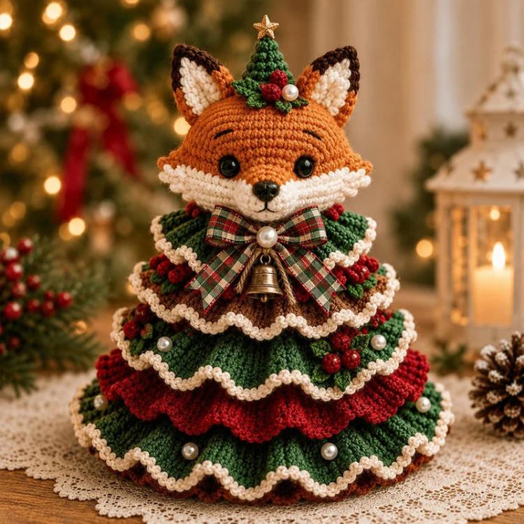 Crochet animal Christmas tree ornament with fox face, plaid bow, and bell charm