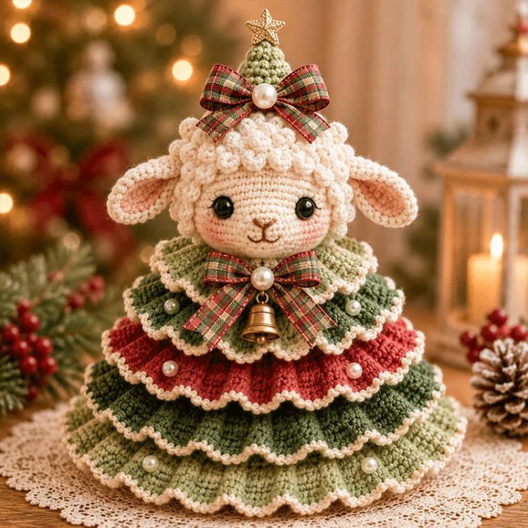Crochet animal Christmas tree ornament with lamb face, plaid bow, and bell charm