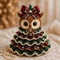 Crochet animal Christmas tree ornament with owl face, plaid bow, and bell charm